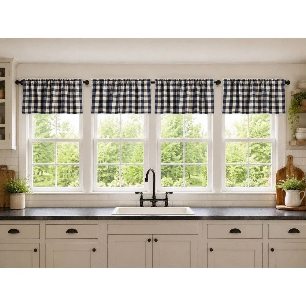 Farmhouse Gingham Valances Navy Blue Buffalo Check Country Curtains French